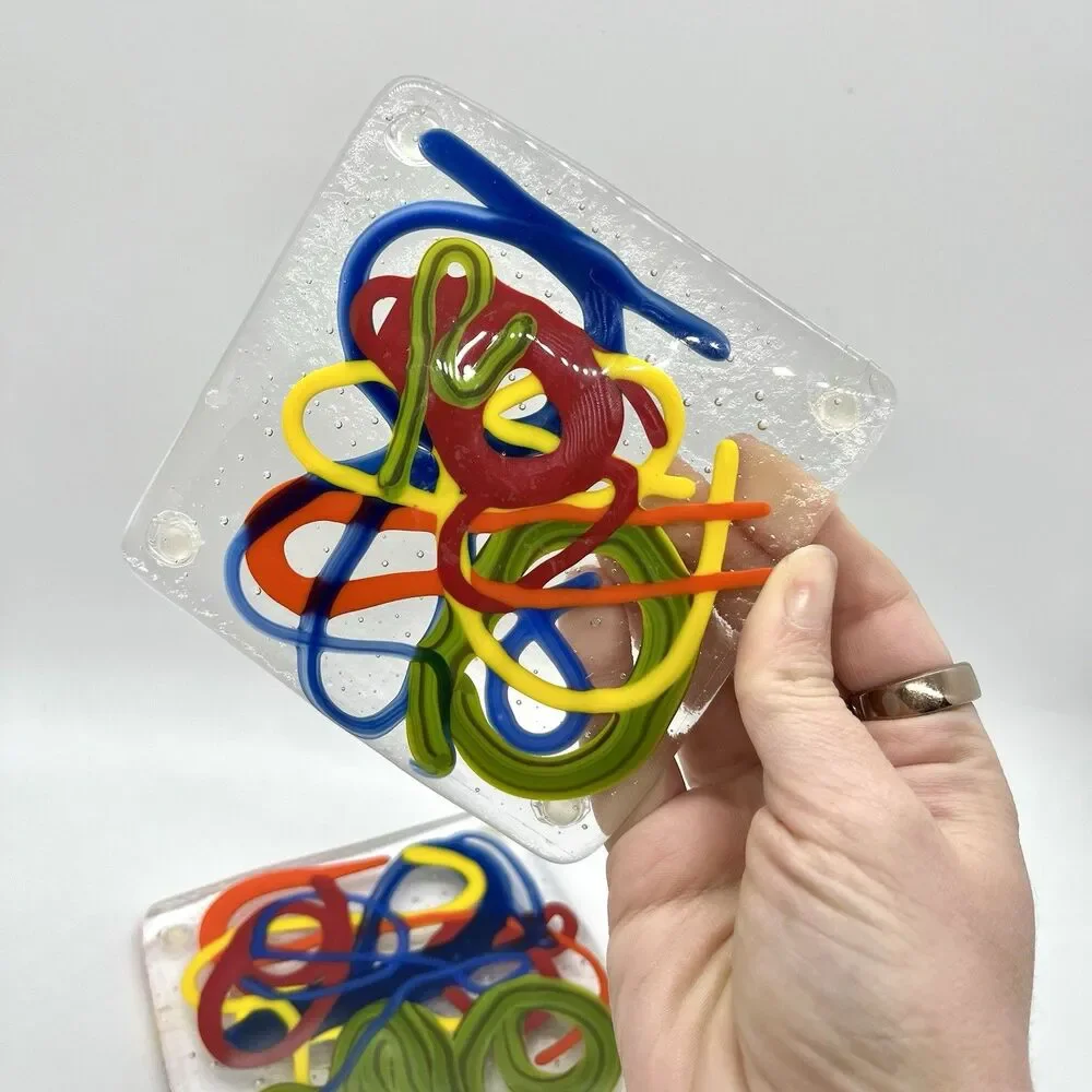 OOAK Set Of 2 Colorful Squiggle Art Glass Coasters Paperweights